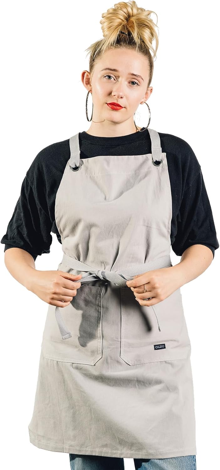 Caldo Crossback Kitchen Apron for Cooking- Mens and Womens Professional Chef or Server Bib Apron - Adjustable Crossback Style - Rustic- Midweight Cotton (Grey)