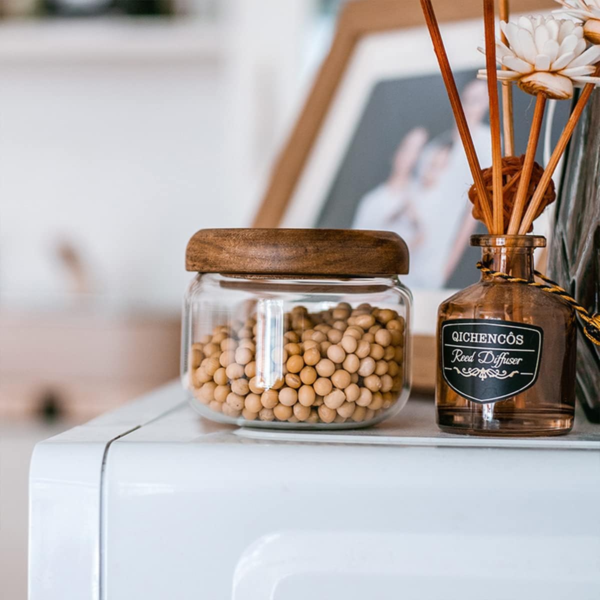 Glass Food Storage Containers With Wooden Lids - Small Coffee Jars - Pantry Organization For Overnight Oats, Cereal, Rice, Candy (14oz(400ml))