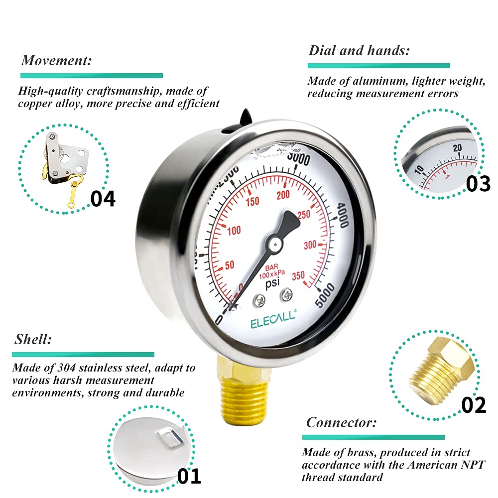 ELECALL 2-1/2" Glycerin Liquid Filled Air Pressure Gauge, 0-5000Psi, 1/4" NPT Lower Mount, Stainless Steel Case, Brass Internals, Water Pressure Gauge
