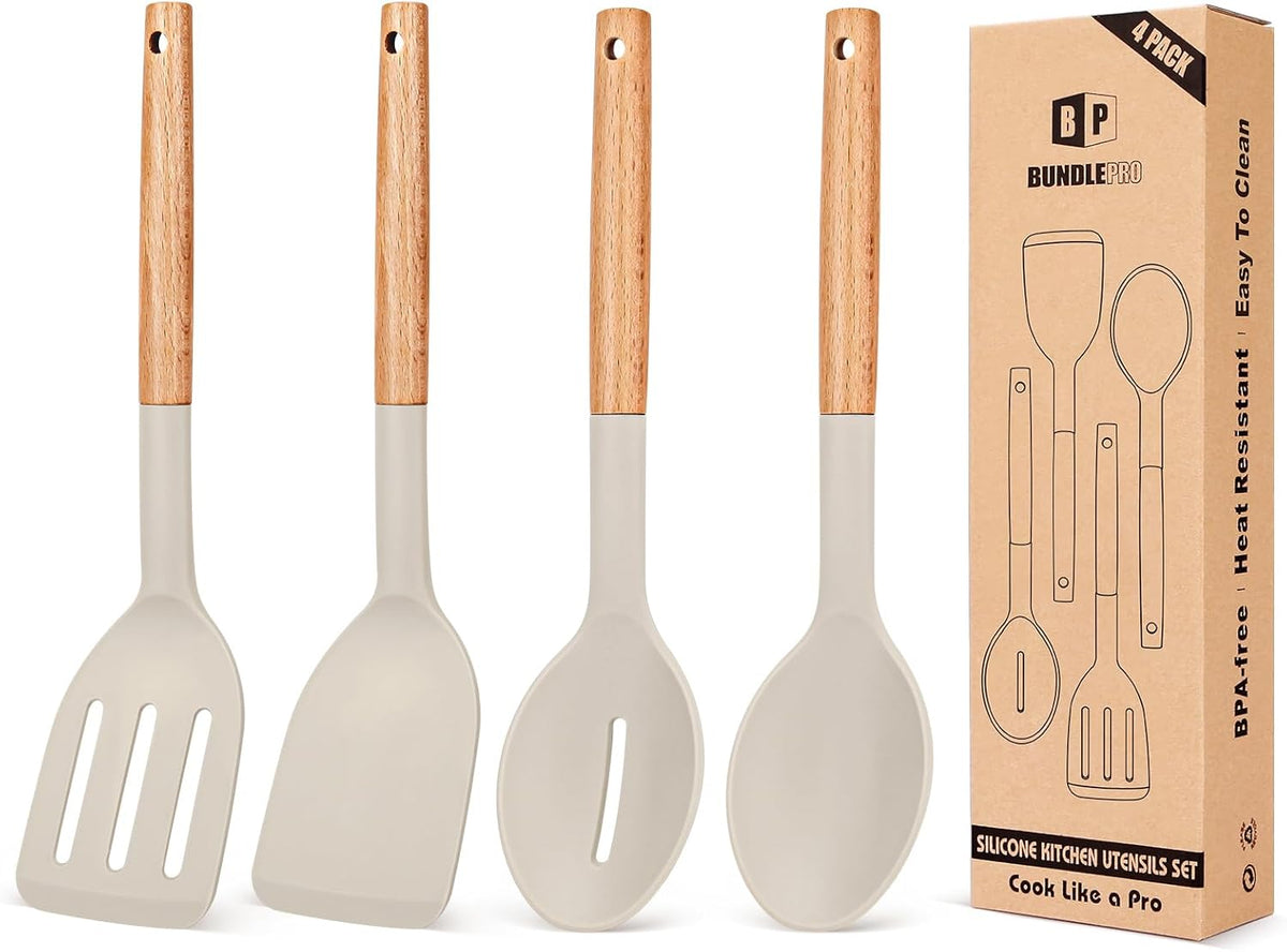 Pack of 4 Silicone Cooking Utensils Set, Non Stick Solid Spatulas and Heat Resistant Slotted Spoons with Wooden Handle, Ideal Wood Kitchen Utensils Set for Frying,Serving,Turning,Stirring (KHAKI)