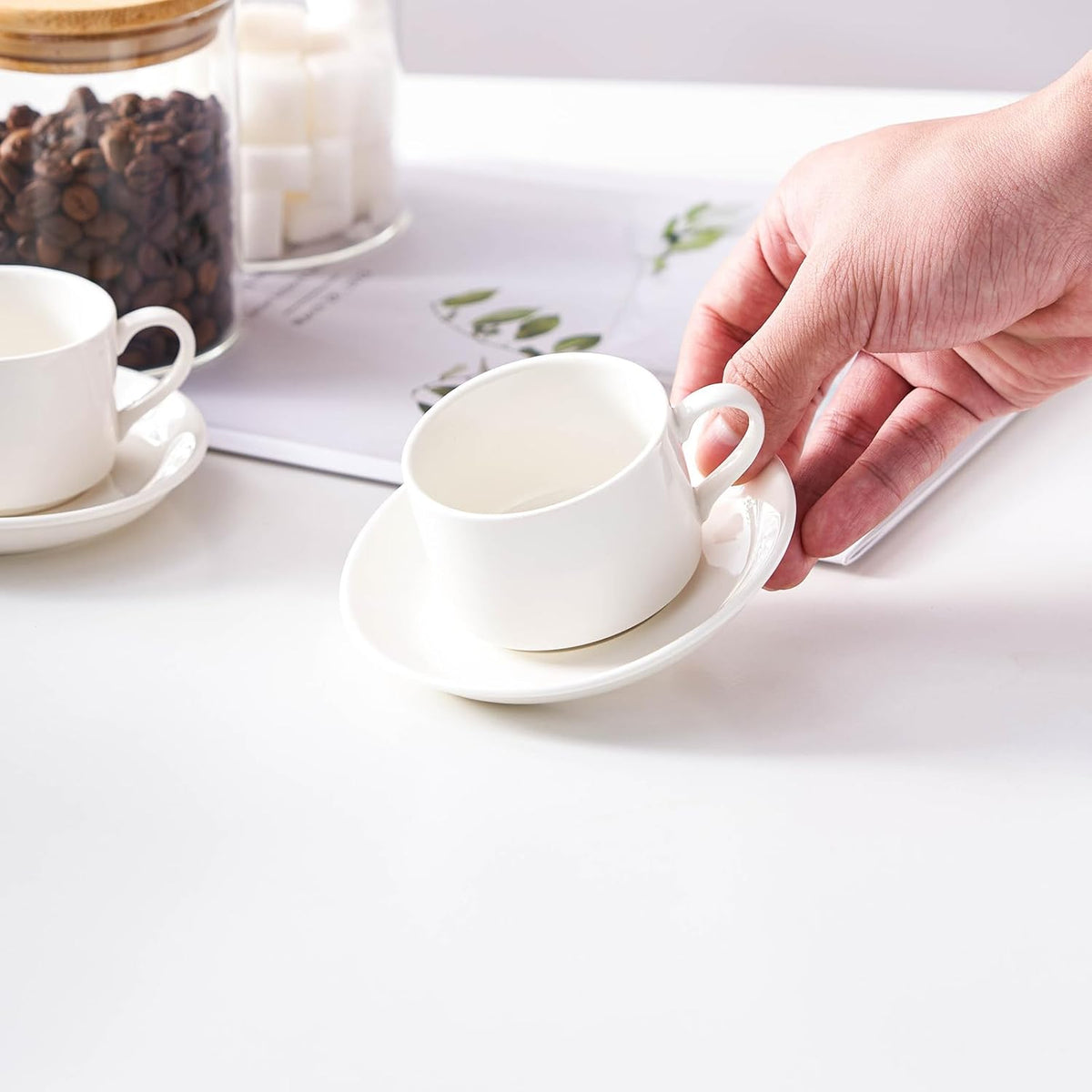 8oz Porcelain Stackable Cappuccino Cups with Saucers and Metal Stand Set of 4, Coffee Cups for Espresso, Specialty Coffee Drinks, Latte, Americano and Tea - White