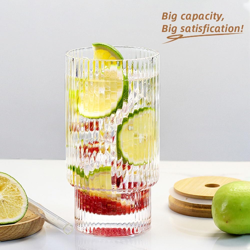 Ribbed Glassware Set of 4, 20oz Origami Style Drinking Glass Cup with Lid and Straw, Iced Coffee, Cocktail, Beer, Juice Stackable Drinking Glasses, Perfect for indoor and outdoor use