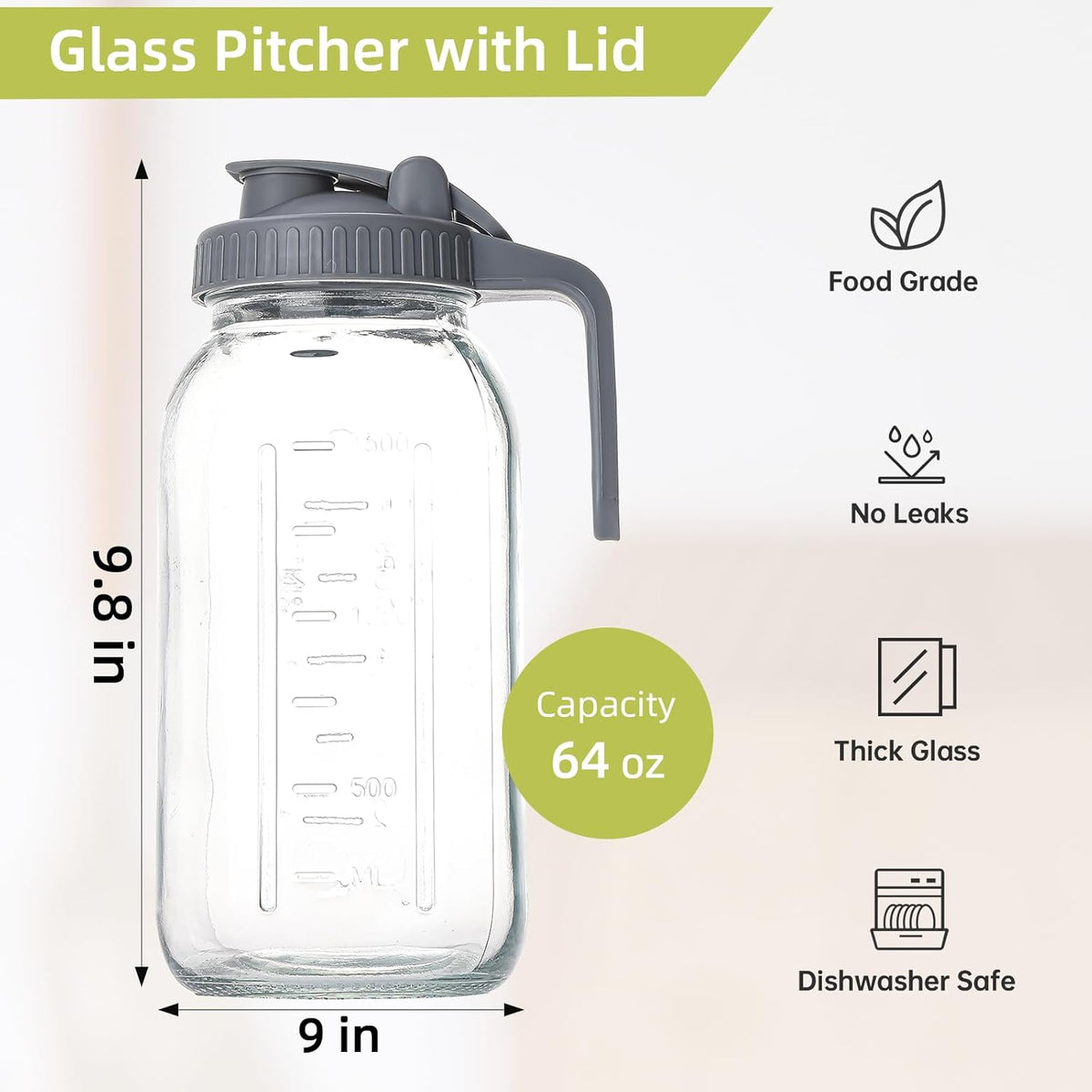 Cold Brew Maker with V-Spout, 2 Quart (64oz) Glass Pitcher with Lid, Easy Pour Breast Milk Pitcher for Iced Tea, Cold Brew Coffee, Milk and Water - Grey