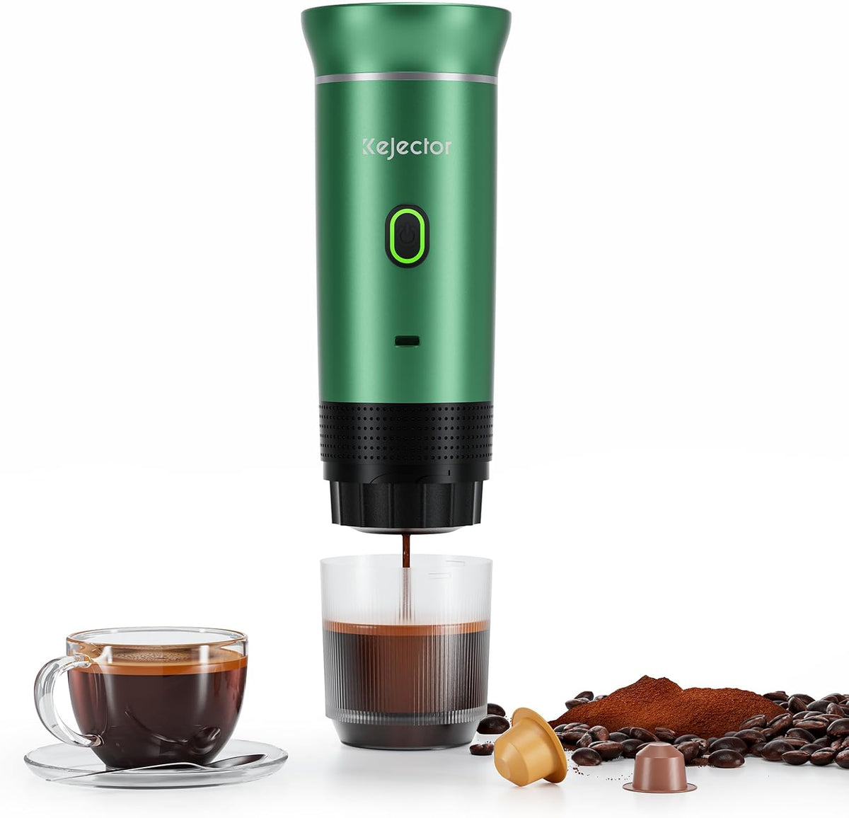 kejector Portable Coffee Maker Espresso Machine for Travel Nano Car Coffee Maker Compatible with Ground Coffee & Capsule for RV, Hiking Camping Office, Travel Espresso Maker Electric Green