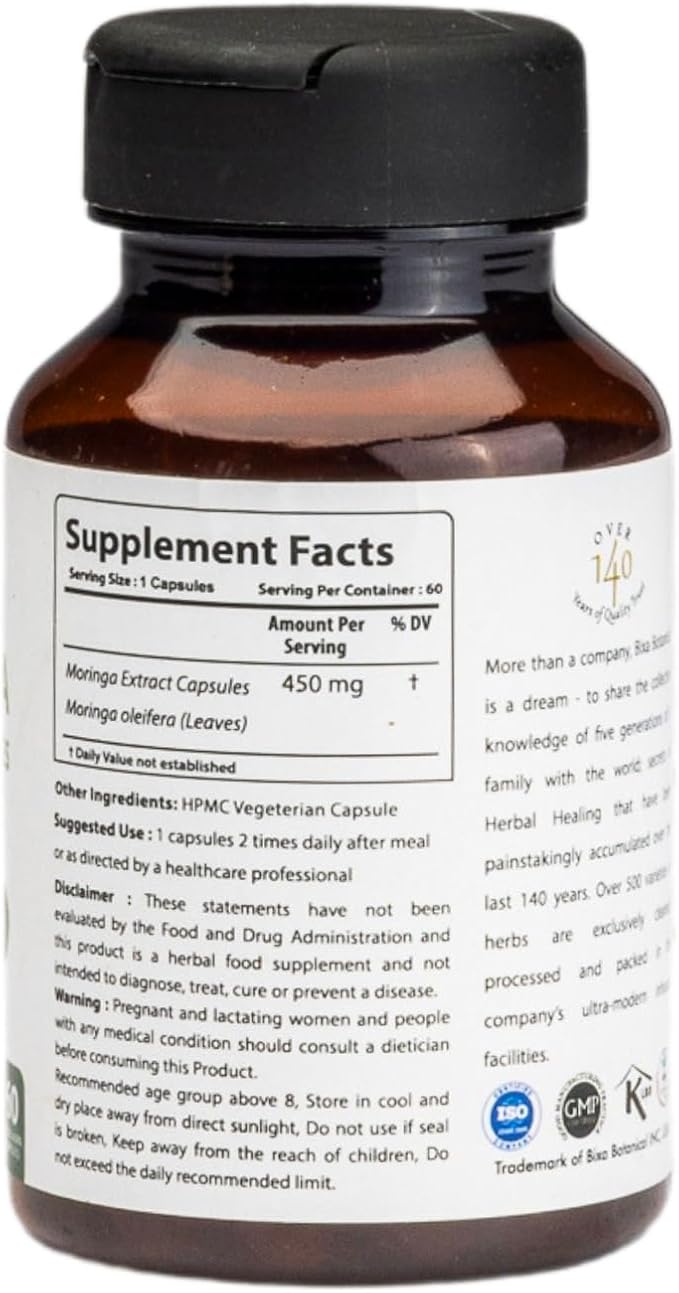 bixa BOTANICAL Moringa Leaf Extract Capsule (Moringa Oleifera) | Multi-Vitamin Green Super Food Supplement ǀ Pure Natural Nutrition Supplement- (60 Count(Pack of 1))