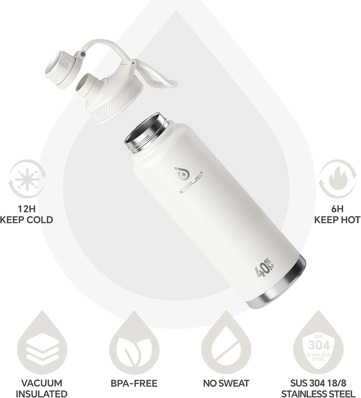 IDEUS Insulated Stainless Steel Water Bottle with 2 Leak-Proof Lids, Thermal Water Flask for Hiking Biking, 40oz, White