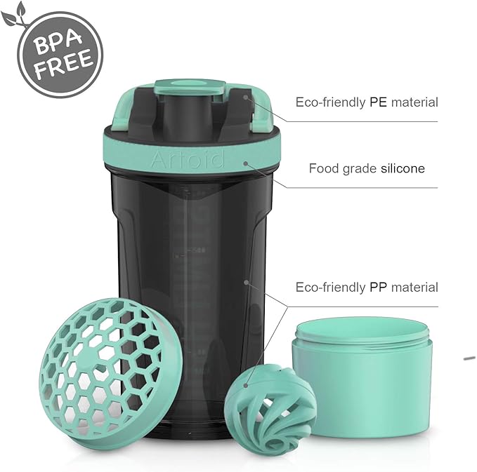 Artoid Mode 24-Ounce Protein Shaker Bottle, Dual Mixing Technology, BPA Free, Aqua Green/Black