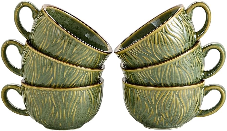 Set of 6 Vintage Design 12 oz Professional Barista Ceramic Latte Art Cappuccino Cups Set (Wave Green)