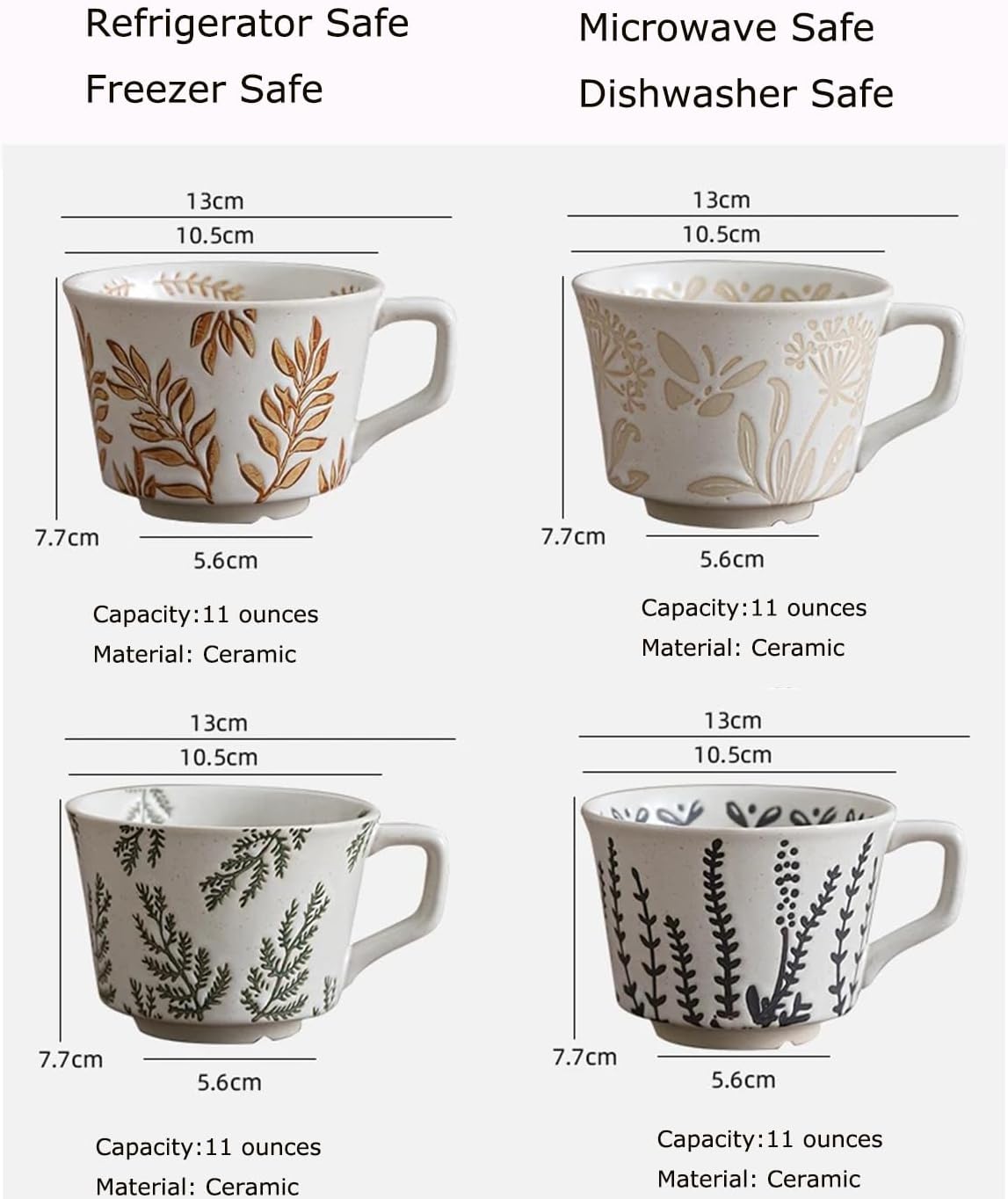 Ceramic Mug Set of 1 With Gold Spoon, 11oz - Vintage Coffee Mug, Pottery Cups for Milk, Latte, Cappuccino, Tea - Porcelain Dishwasher, Microwave Safe Stoneware Green Leaf