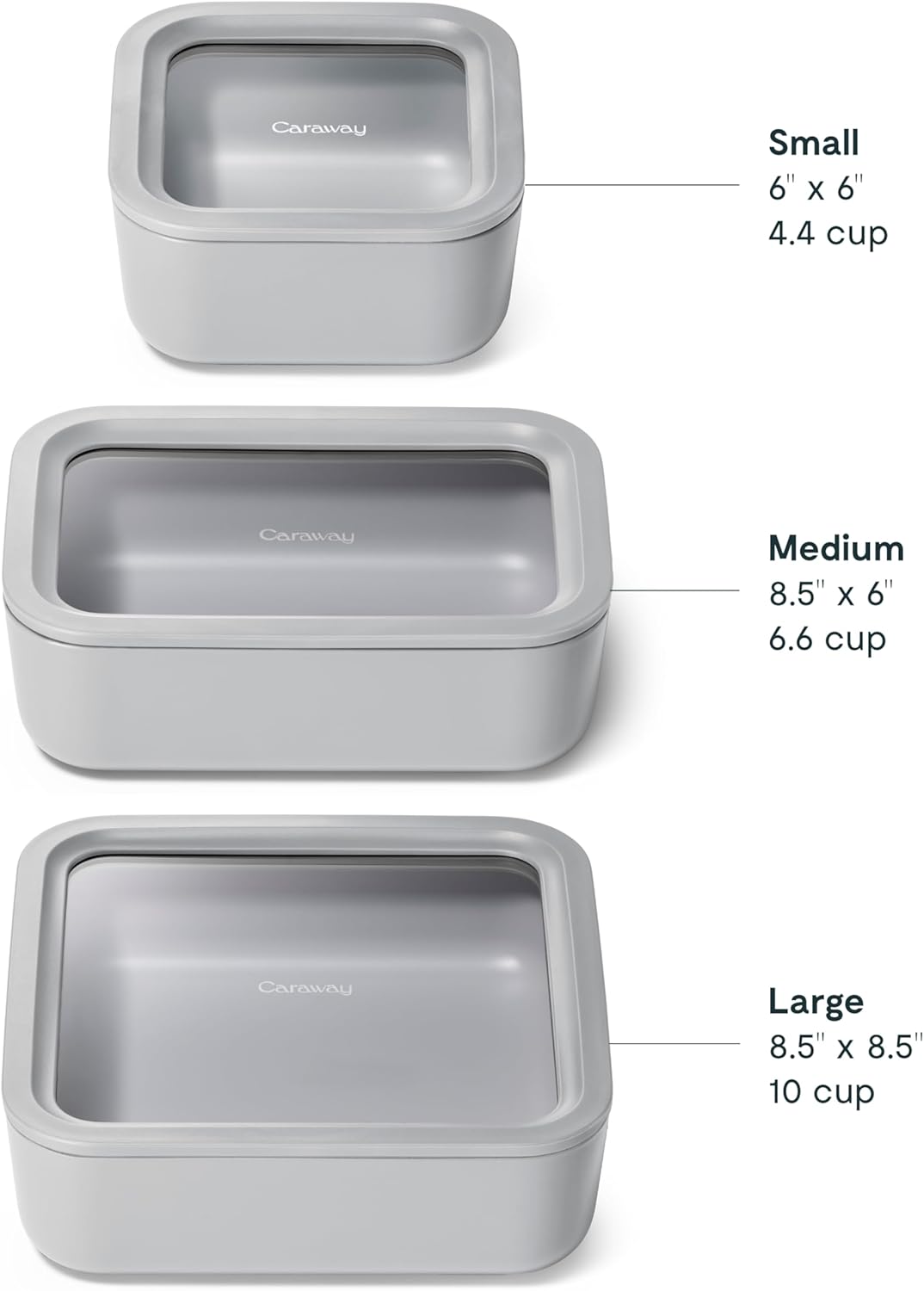 Caraway 3pc Glass Food Storage Set - 10, 6.6, & 4.4 Cup Containers - Ceramic Coated - Non-Toxic Non-Stick Lunch Box With Glass Lids - Dishwasher, Oven, & Microwave Safe - Gray