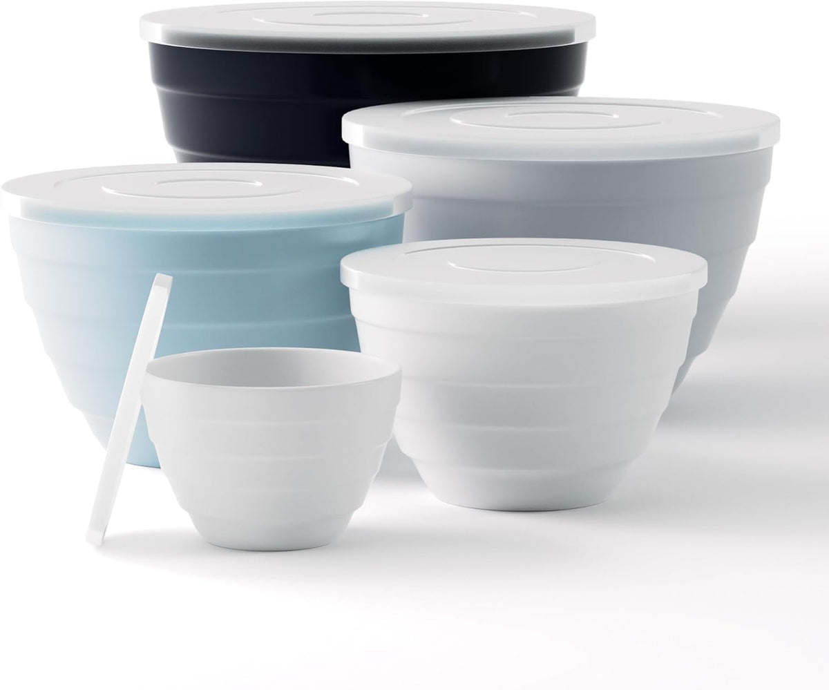 TP Mixing Bowls with Lids, 10-Piece Nesting Melamine Bowls Set for Prepping Serving Baking Cooking, Non Slip Bottom, Set of 5, Blue and White