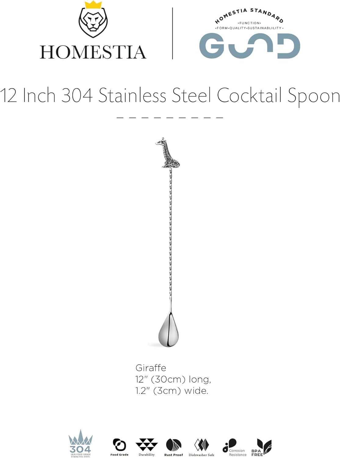 Homestia Bar Spoon Cocktail Mixing Spoon, Spiral Pattern Bar Cocktail Shaker Spoon, Stainless Steel Long Handle 12 Inches, Drink Stirrers Spoons with Giraffe Handle for Cocktail Shaker Tall Cups