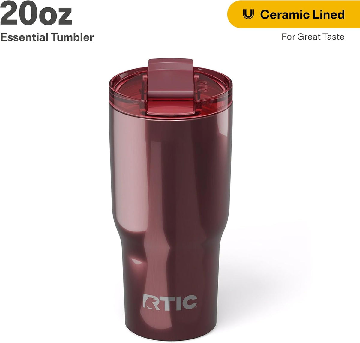 RTIC 20oz Essential Tumbler with Lid, Insulated, Stainless Steel, Metal, Double Wall Vacuum-Insulation, Ceramic Lined, Travel Cup for Iced Coffee, Tea, Hot and Cold Drink, Vintage Rose Metallic
