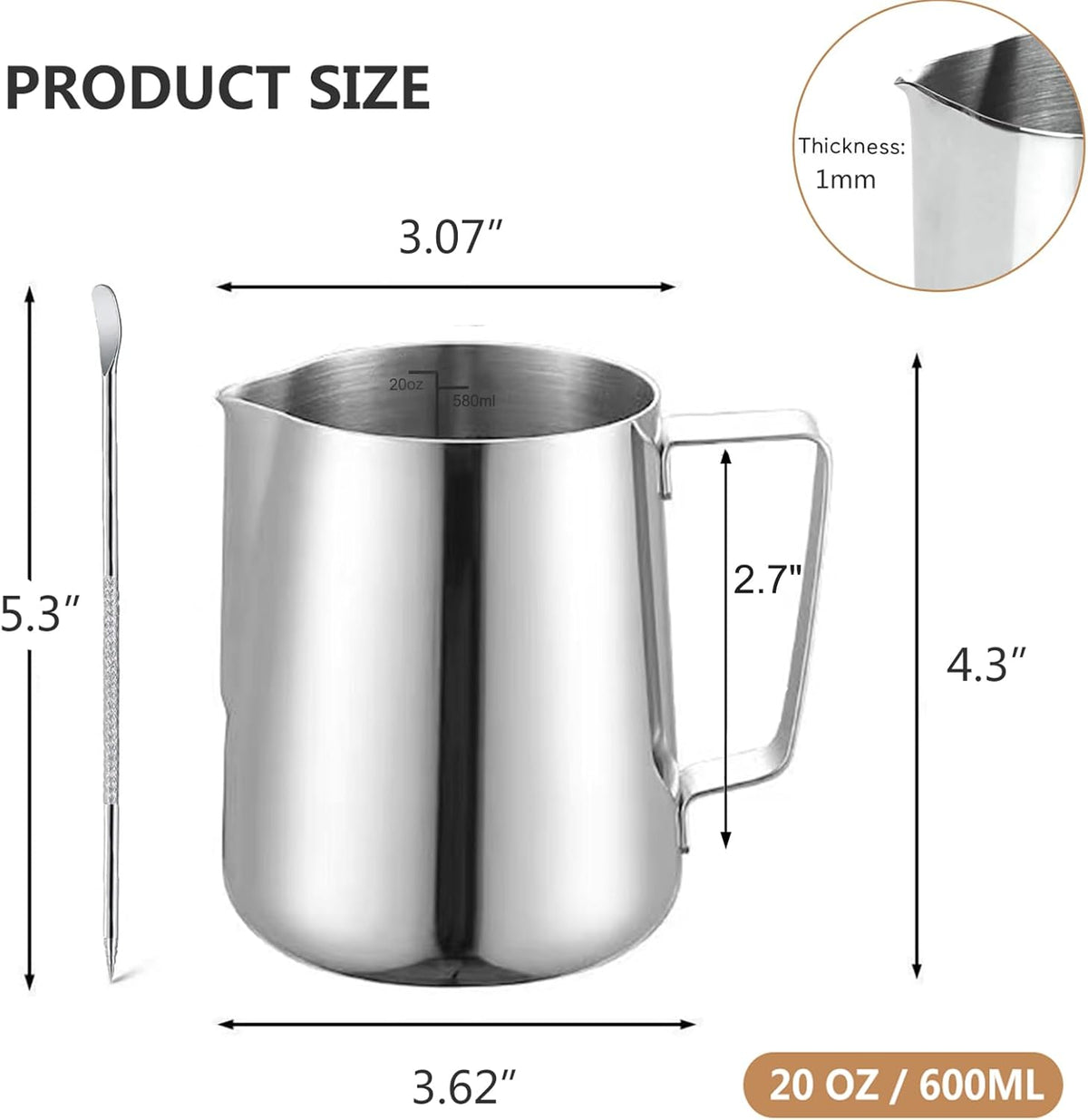 Milk Frother Pitcher 20 OZ，Espresso Milk Frothing Pitcher, Milk Steamer Cup Steaming Pitcher, Stainless Steel Coffee Froth Cup with Latte Art Pen for Coffee Cappuccino (Silver)