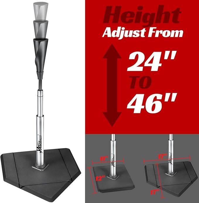 Batting Tee For Baseball And Softball With Traditional Home Plate Base,Alumium Stem,Handroll Rubber Top,Height Adjustable 24 to 46 inche For kids and Adults,Portable Baseball Tee Softball Tee