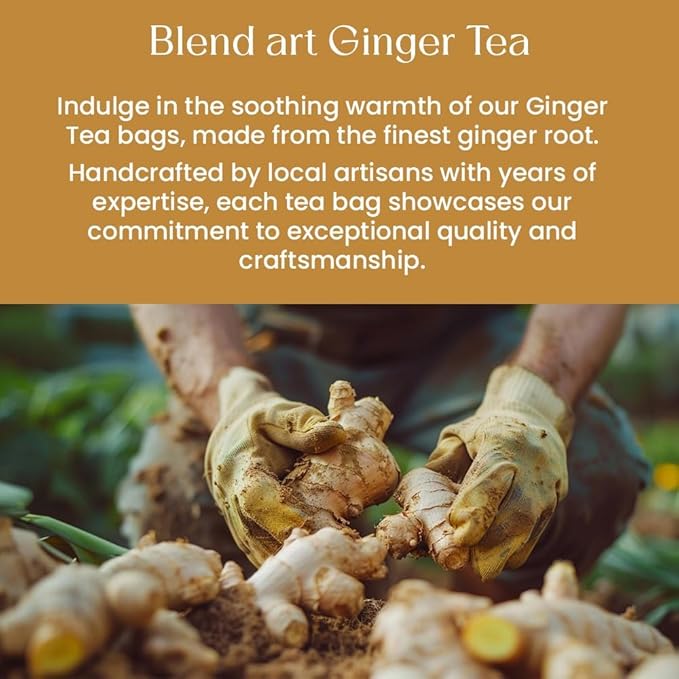 Blendart Ginger Tea Bags, 50 Tea bags - 100% Pure Ginger Root Tea Bag - Warm & Spicy Caffeine Free Ayurvedic Herbal Tea - Support Digestion & Boost Immunity Pyramid Teabags