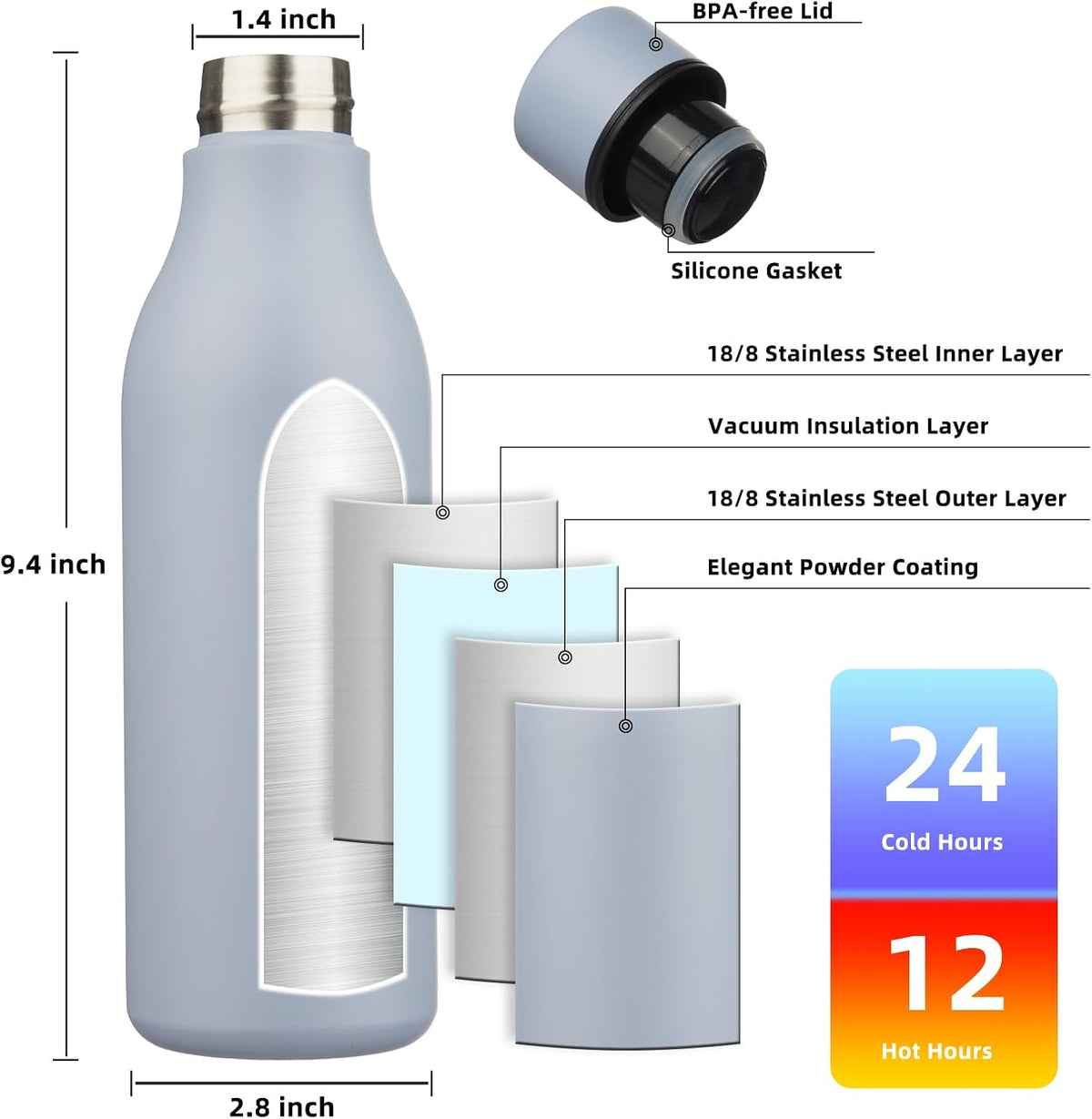 BJPKPK Insulated Water Bottles, 18 oz Stainless Steel Metal Water Bottle with Strap, BPA Free Leak Proof Thermos, Mugs, Flasks, Reusable Thermos for Sports & Travel, Mist Grey