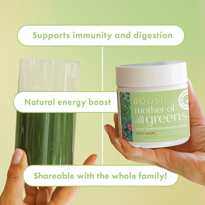 Boobie Mother of All Greens | Your New Family Ritual, Daily Super Greens Powder with 35+ Essential Nutrients for Moms & Families | Vegan, Gluten Free, & Sugar Free | Light Berry Flavor, 30 svgs