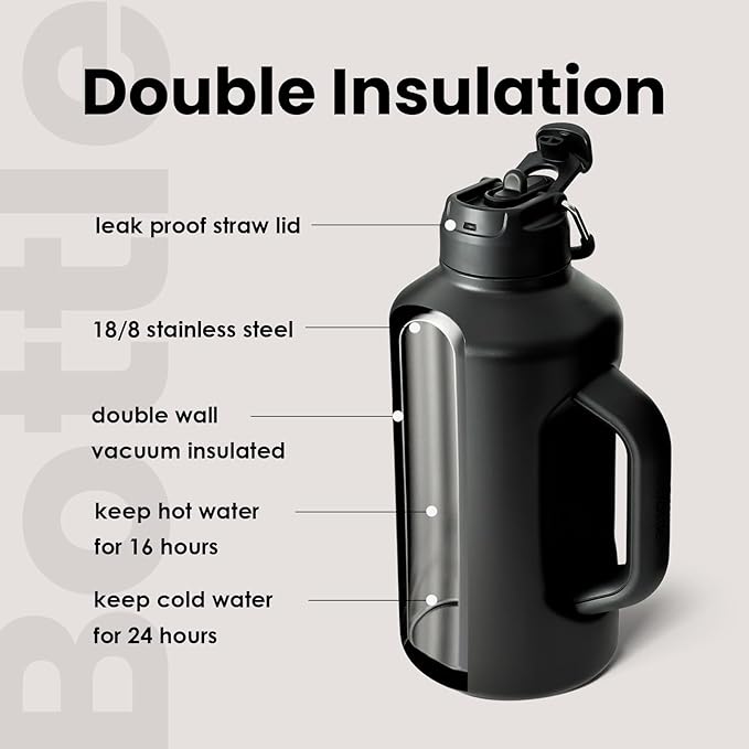 BOTTLE BOTTLE Insulated Water Bottle 64 oz with Straw and Dual-use Lid Half Gallon Jug for Men with Handle Vacuum Stainless Steel water bottle for Workout and Sports black
