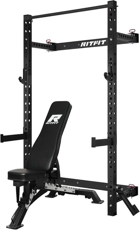 RitFit Multi-Functional Folding Squat Rack for Home Gym, 2.36'' x 2.36'' Wall Mounted Squat Rack with Attachments - Space Saving Squat Power Rack
