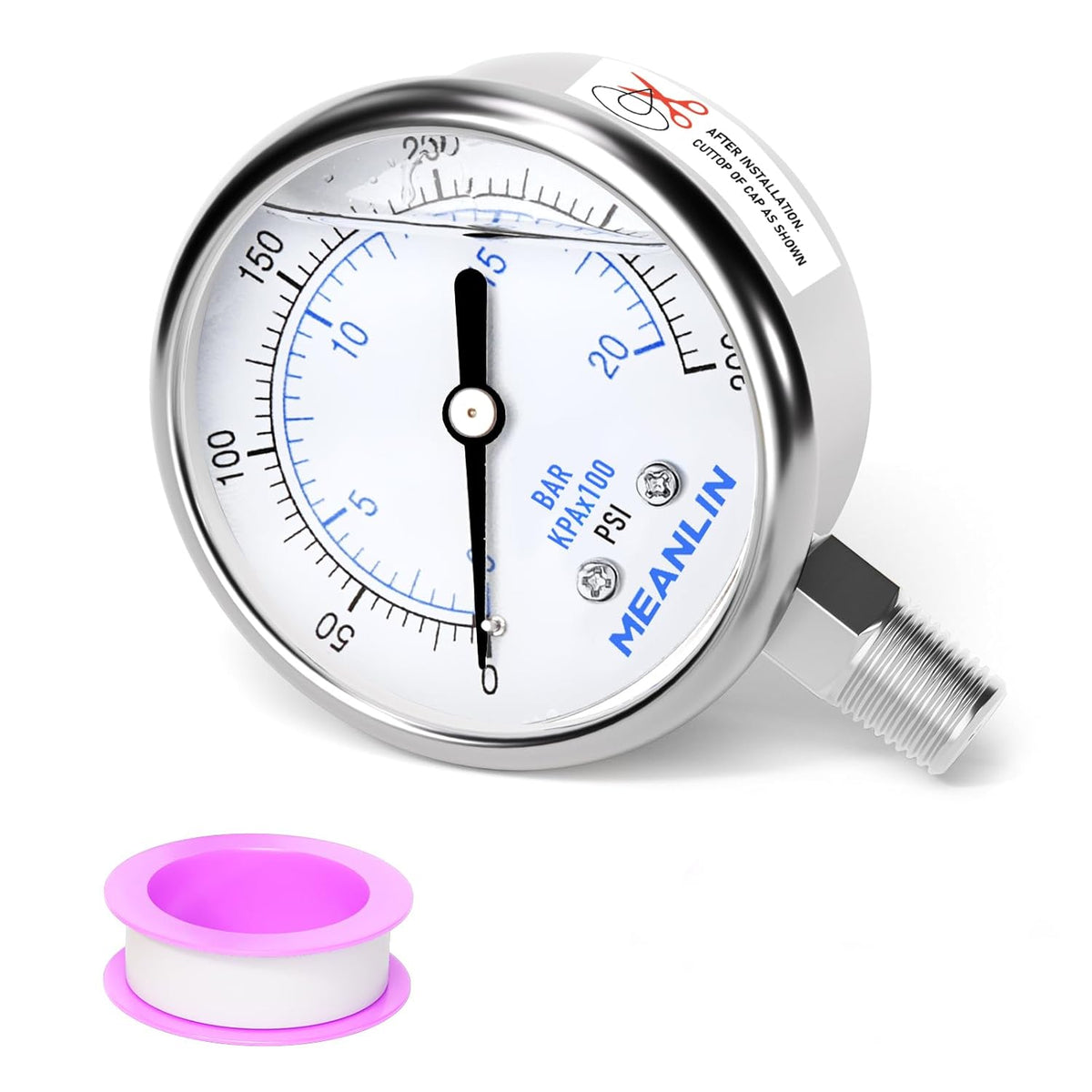 MEANLIN MEASURE 0~300Psi Liquid Filled Pressure Gauge Stainless Steel with 316 Stainless Steel Joint 1/4" NPT 2.5" FACE DIAL for Air Compressor Air Regulator Water Filter Center Lower Mount