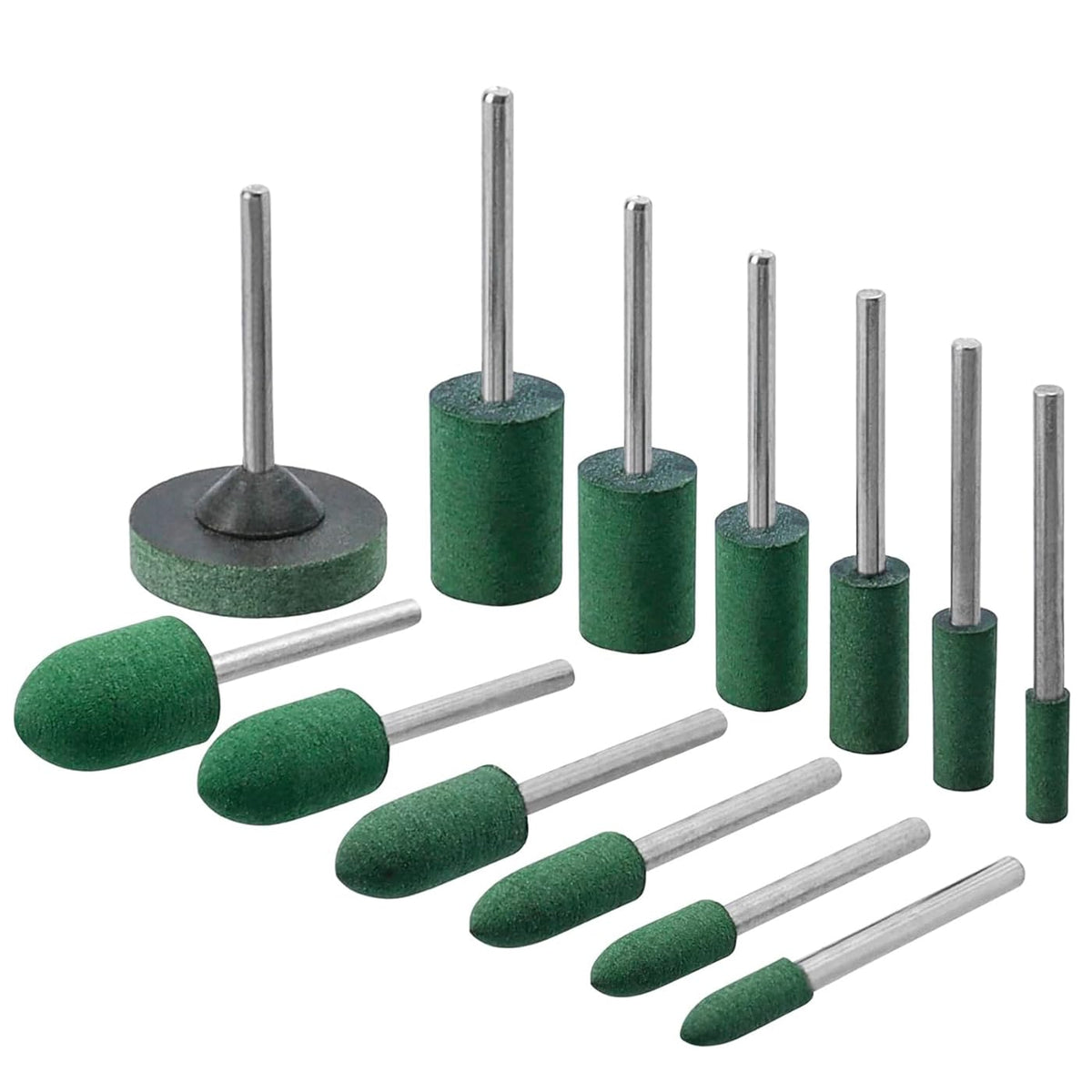 Mesee 39Pcs Rubber Polishing Bit Set, Assorted Grinding Head Buffing Wheel 13 Sizes Buffer Abrasive Bits 3mm Mandrel Bullet Cylinder Disc Shaped Polishing Burrs Bit Kit for Rotary Tools - Green