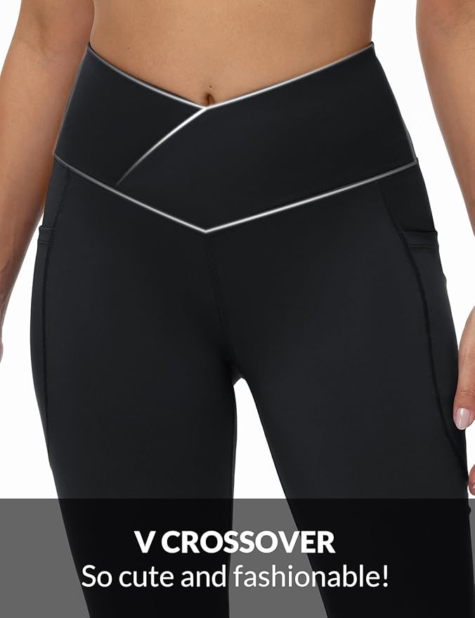 baleaf Women's V Crossover Flare Leggings with Pockets Yoga Pants High Waist Casual Workout Gym Bell Bottom Leggings