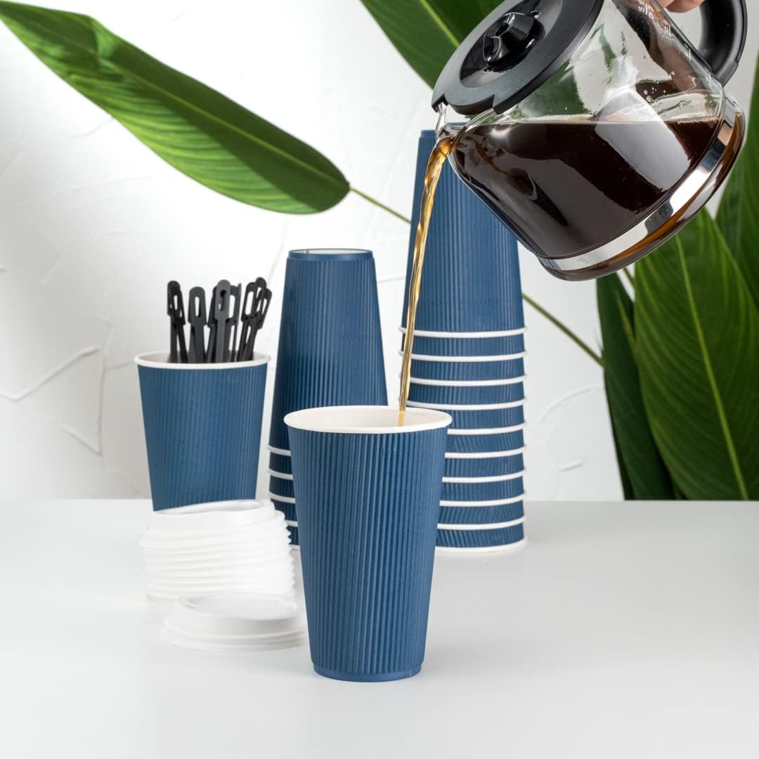Restaurantware 16 Ounce Ripple Wall Disposable Coffee Cups, 500 Insulated Midnight Blue Paper Tumblers with Rolled Rim Design, Lids Sold Separately for Hot Drinks like Tea, Hot Chocolate and More