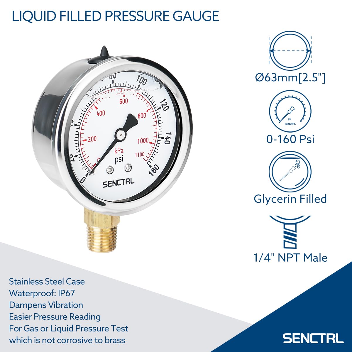 SENCTRL 0-160 Psi Glycerin Liquid Filled Air Pressure Gauge, 2.5" Dial Size, 1/4" NPT Lower Mount, Stainless Steel Case, Water Pump, Tire, Large Air Compressor, Well Pump, RV Regulator Pressure Test