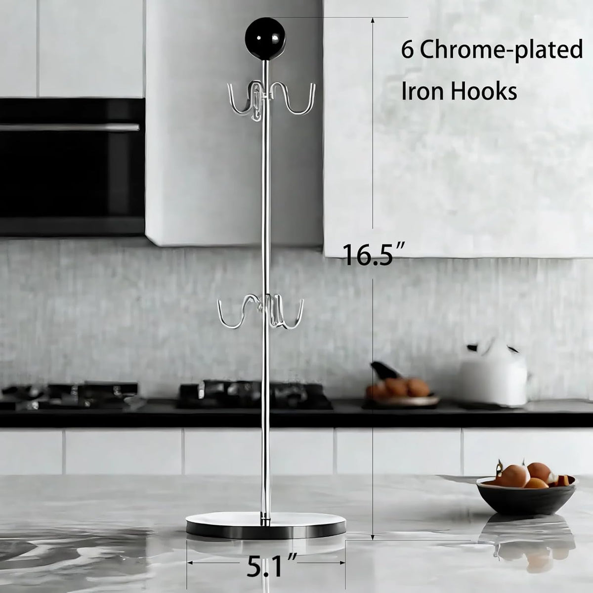 Mug Holder,6 Hooks Coffee Mug Tree for Counter,No Assembly Metal Cup Holder with Stable Acrylic Base,Mug Rack for Coffee Bar Accessories,Black