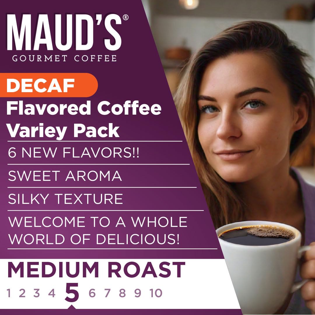 Maud's Flavored Decaf Coffee Pods Variety Pack, 24 ct, 6 Assorted Roasts & Flavors, Decaf Medium Roast Coffee in Recyclable Single Serve Pods - 100% Arabica Coffee, Compatible with Keurig K Cups Maker