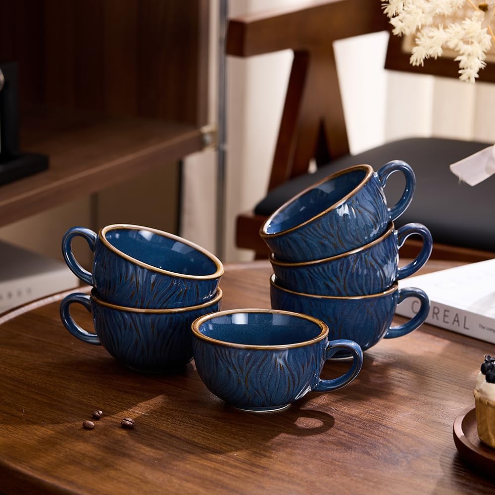 Set of 6 Vintage Design 12 oz Professional Barista Ceramic Latte Art Cappuccino Cups Set (Wave Blue)