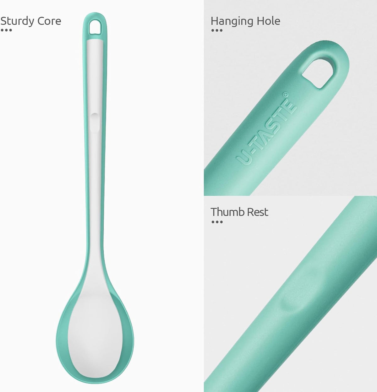 600ºF Heat Resistant Silicone Spoons: U-Taste 13.3in Solid & Slotted Kitchen Cooking Tool, Nonstick Long Rubber Utensil, Sturdy for Mixing, Serving, Stirring, Frying, Basting (Aqua Sky, 2PCS)