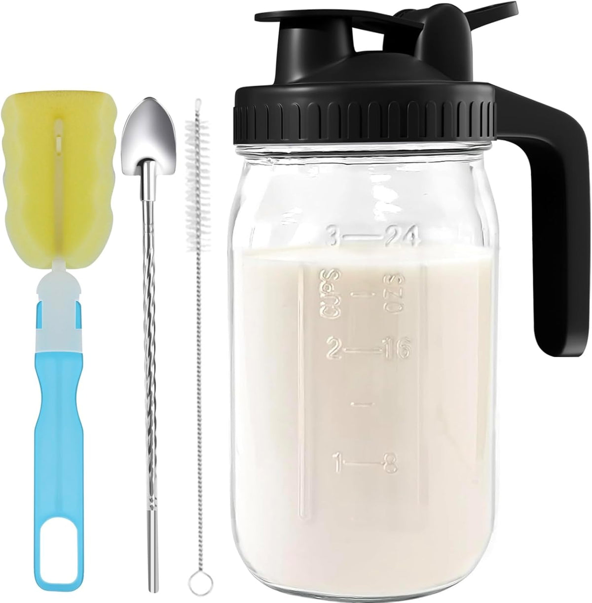 Glass Mason Jar Pitcher - 32oz with Pour Spout Lid, Airtight Seal - Ideal for Cold Brew Coffee, Juice, Lemonade, and More - Premium Glass Jug for Beverages and Sun Tea-Dark Cover