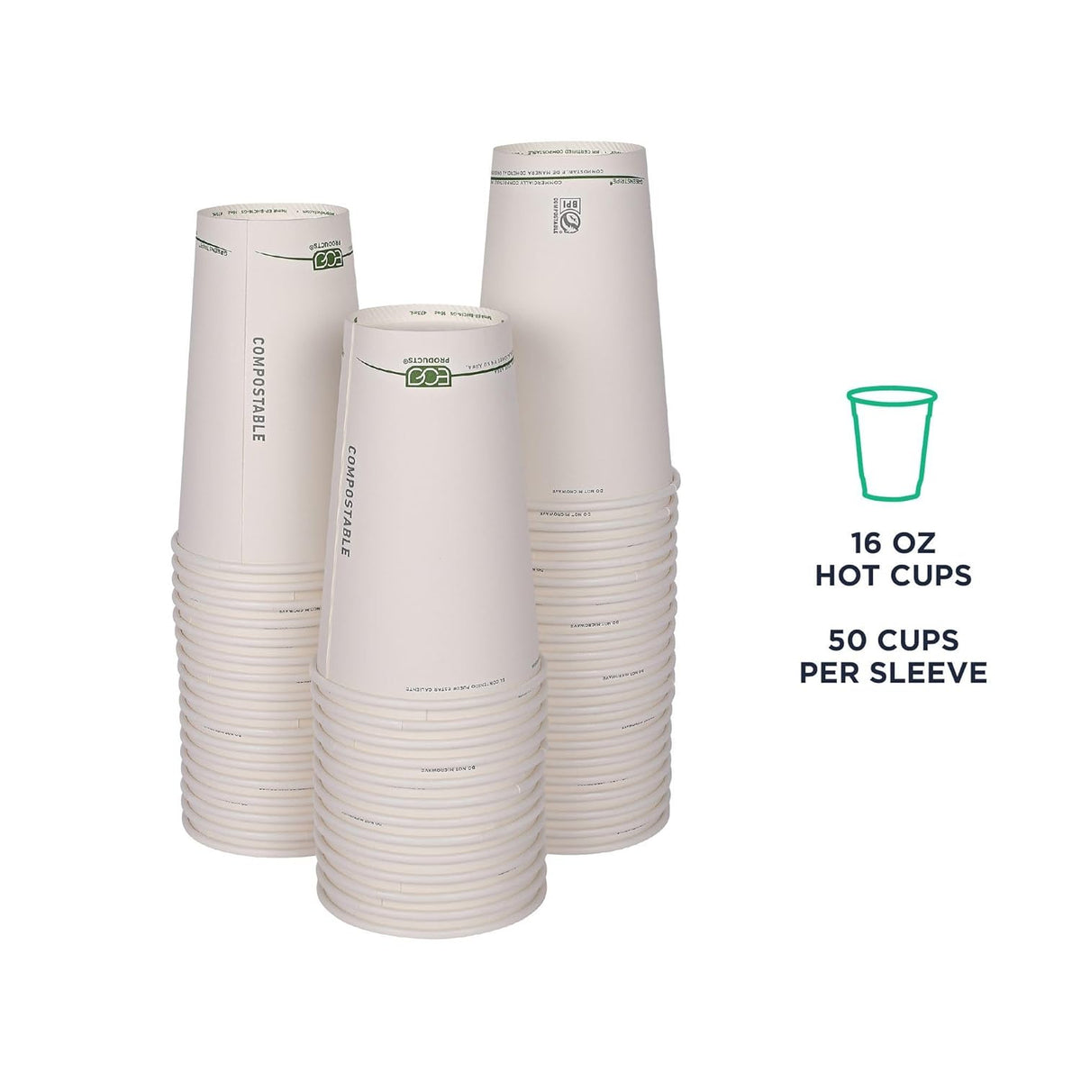 ECO PRODUCTS Compostable Disposable GreenStripe 16oz Coffee Cups, Case of 1000, White Single Wall Hot Paper Cup, Plant Based PLA Lining, Biodegradable