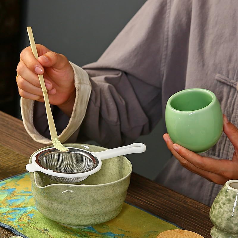 6-Piece Matcha Whisk Set, Japanese Bamboo Chasen, Scoop & Sifter, Traditional Ceremonial Kit with Ceramic Bowl, Whisk Holder Stand, Chakin Cloth (Cherry blossom pink)