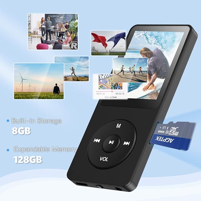 AGPTEK A02S 16GB MP3 Player, 70 Hours Playback Lossless Sound Music Player, Supports up to 128GB, Black