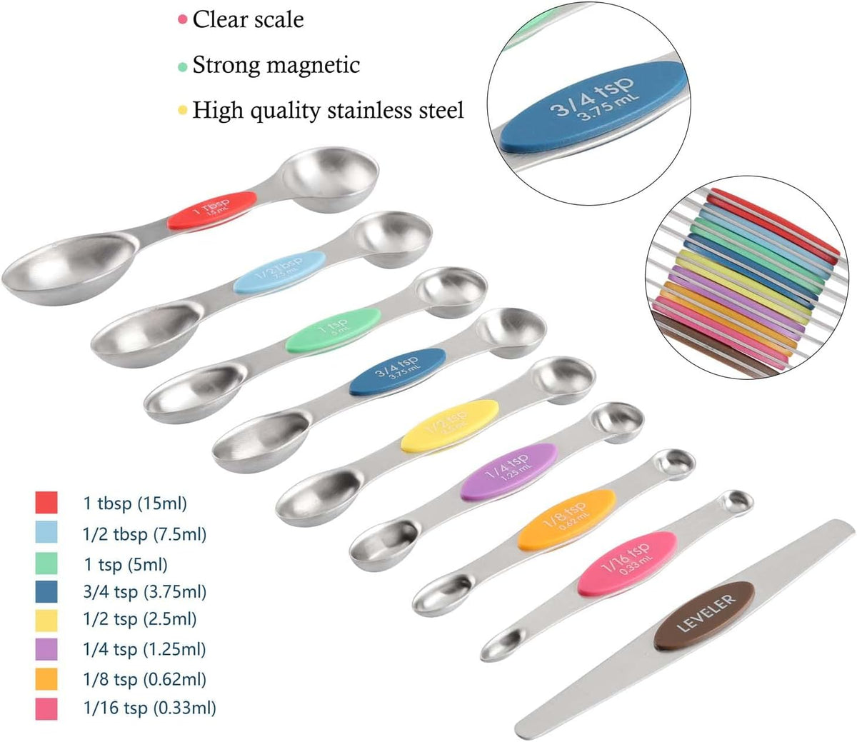 Magnetic Measuring Cups and Spoons Set Including 7 Stainless Steel Heavy Duty Measuring Cup 8 Double Sided Measuring Spoons with 1 Leveler for Dry and Liquid Ingredients (Color)