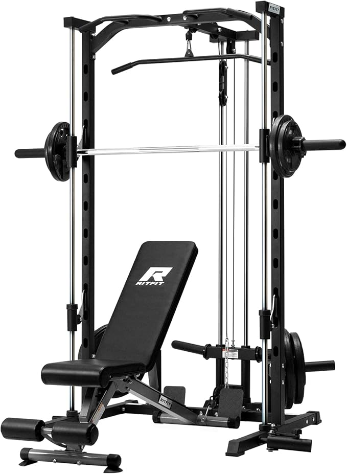 RitFit Smith Machine Power Rack with LAT-Pull Down System, Landmine, Barbell Bar, Plate Storage Pegs and More Training Attachment