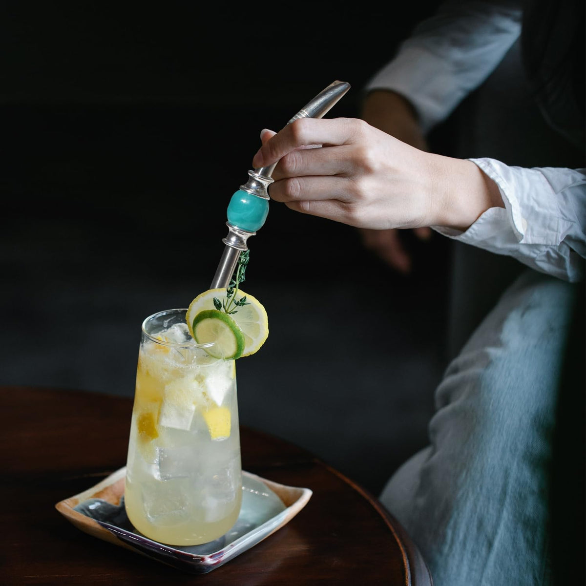 Reusable Bombilla Yerba Mate Straw - Stainless Steel Removable Spoon Style Filter with a Beautiful Bead - Metal Straw for Drinking Loose Leaf Tea - Includes Cleaning Brush(Blue)
