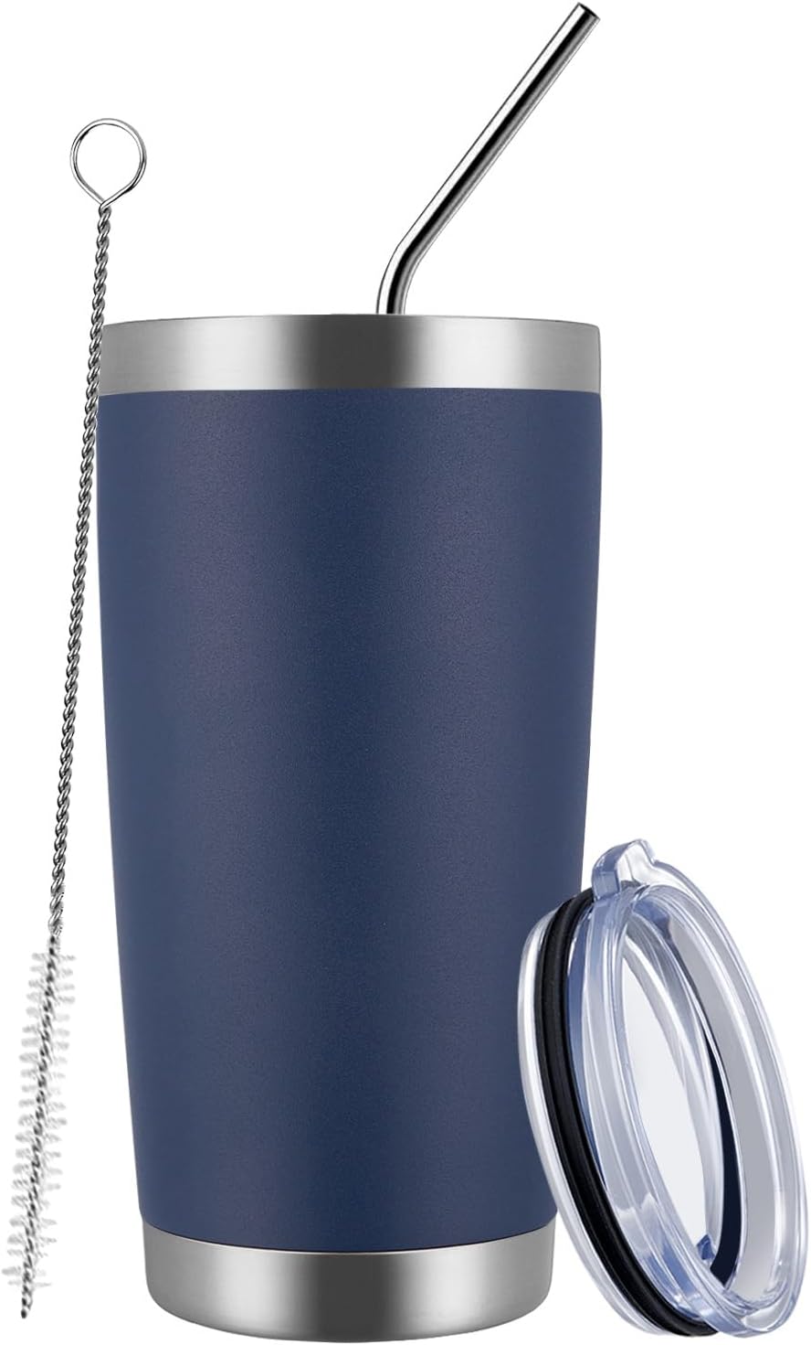 MEWAY 20oz Tumbler Cup Double Wall Vacuum Insulated Travel Mug Bulk, Stainless Steel Tumblers with Lid and Straw, Durable Powder Coated Coffee Cups for Cold & Hot Drinks (Navy, 1)