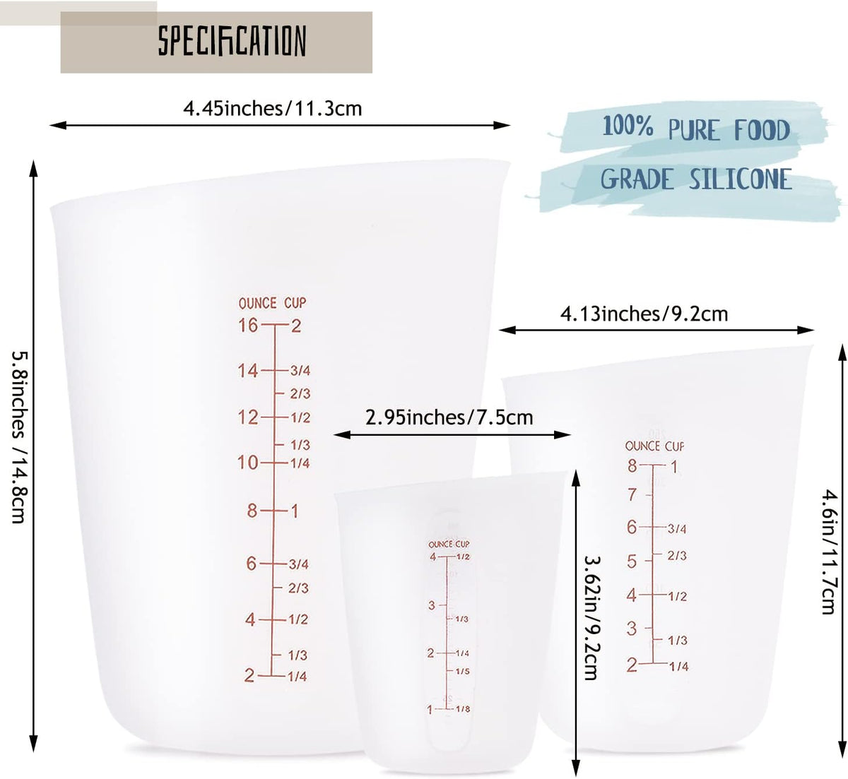 3 PCS Silicone Flexible Measuring Cups,Melting Cups for Epoxy Resin,Butter,Chocolate and More,2 Cup&1 Cup&1/2 Cup,Squeeze and Pour Silicone Measuring Cup with Marking Ounce/ML