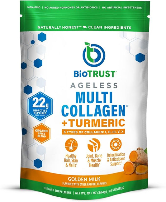 BioTrust Collagen Powder with Turmeric – 5 Types (I, II, III, V, X) – Turmeric Collagen Powder for Women & Men – Hydrolyzed Protein – Grass Fed Beef, Fish, Chicken, Eggshell Membrane (Golden Milk)