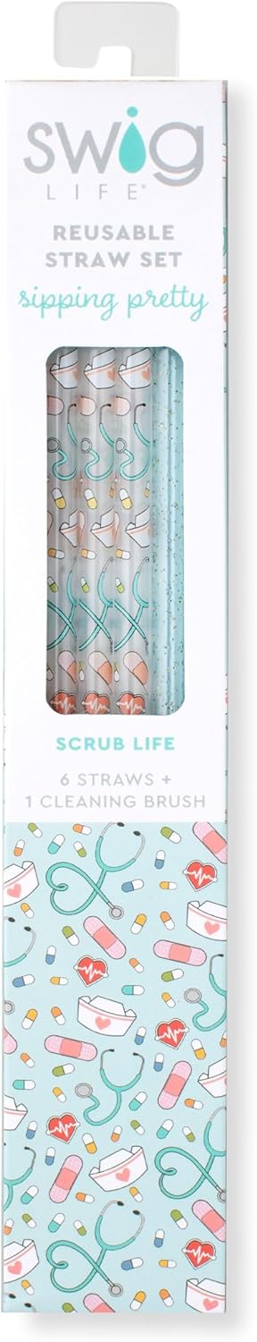 Swig Life Reusable Straws Scrub Life + Aqua Glitter Tall Straw Set & Cleaning Brush, Each Straw is 10.25 inch Long, Nurse Gifts for Women (Fits Swig Life 20oz Tumblers, 22oz, and 32oz Tumblers)