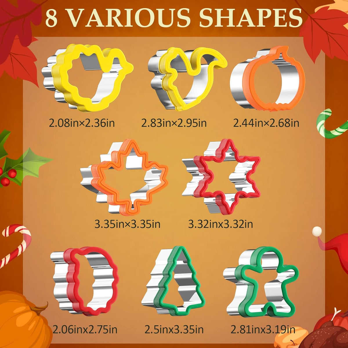 Fall Thanksgiving Cookie cutters Set 8 Pieces, Holiday Christmas Cookie Cutters Pumpkin Leaf Baking Cutters Shapes for Kids with Comfort Grip, Gingerbread Man, Turkey, Squirrel, Xmas Tree, Santa, etc