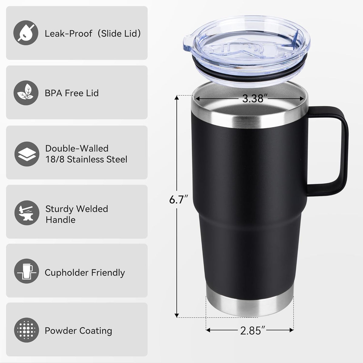 HASLE OUTFITTERS 20oz Tumbler with Lid, Stainless Steel Tumbler with Handle, Metal Insulated Travel Coffee Mug with Handle, Double Wall Vacuum Spill Proof Tumbler Cup, Black 1 Pack