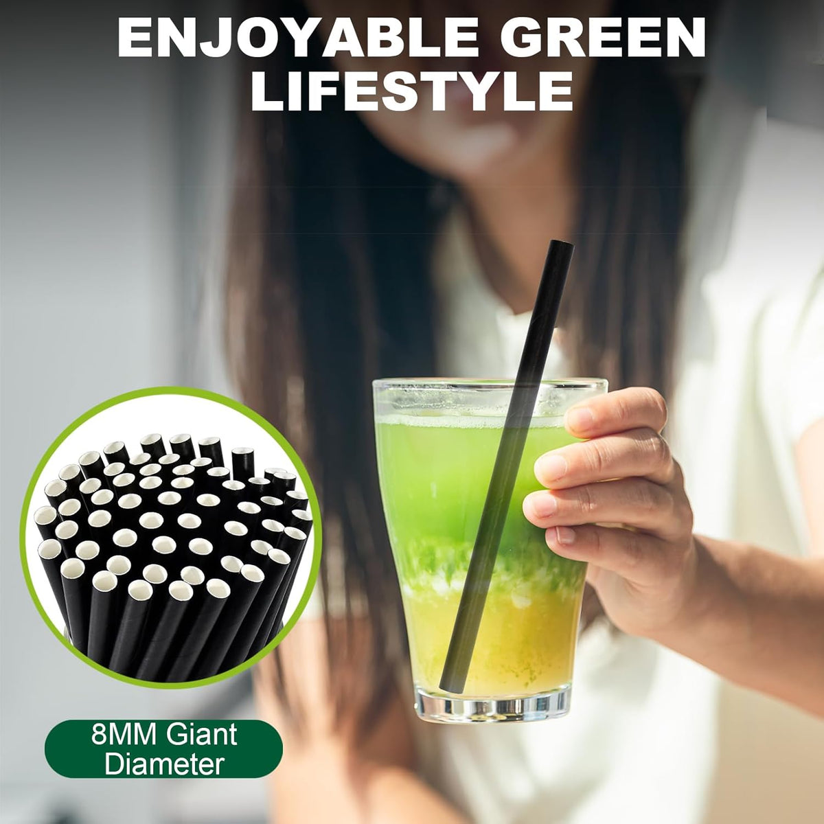 5.75 inch 8mm Wide Short Black Paper Drinking Straws Disposable for Lowball Glasses, Blended Cocktails, Margaritas, Bars, Restaurants - Unwrapped [250 Counts]