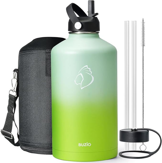 BUZIO 128oz Gallon Water Bottle, Insulated Water Jug with Straw Lid and Carrying Sleeve (Cold for 48 Hrs) Stainless Steel Hydro Metal Canteen Water Flask, Gradient Green