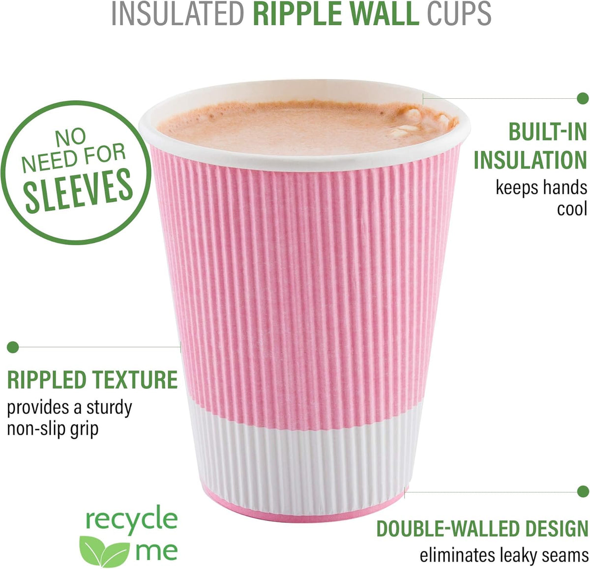 Restaurantware 4 Ounce Ripple Insulated Coffee Cups, 500 Double Wall Corrugated Tumblers, Leakproof, Non-Slip Light Pink Paper Design, Recyclable, Ribbed Surface, Matching Lids Sold Separately
