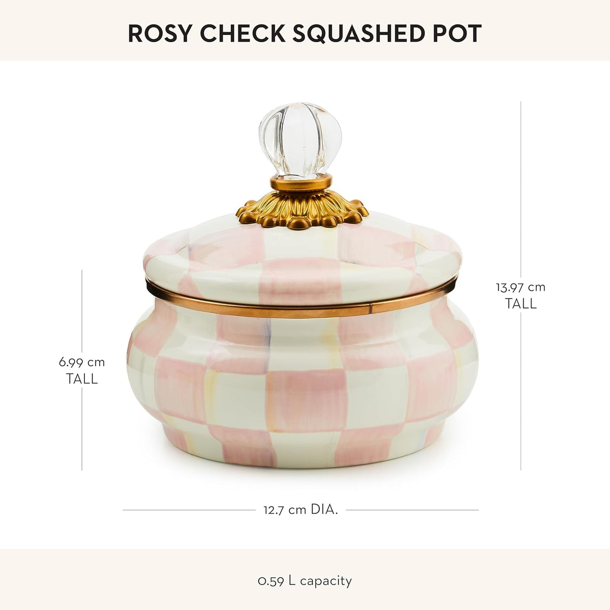 MACKENZIE-CHILDS Enamel Squashed Pot, Cute Enameled Container with Lid, 20 Ounces, Pink-and-White Rosy Check
